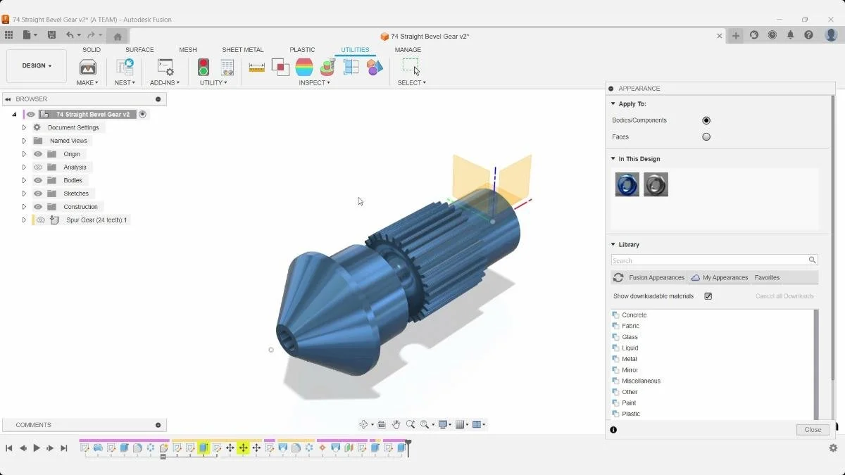Blue anodized appearance applied to bevel gear model in Fusion