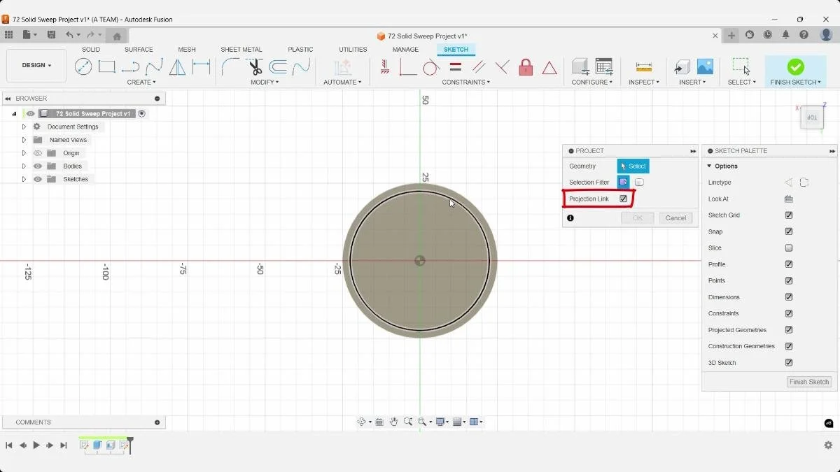 Fusion project geometry command with projection link enabled