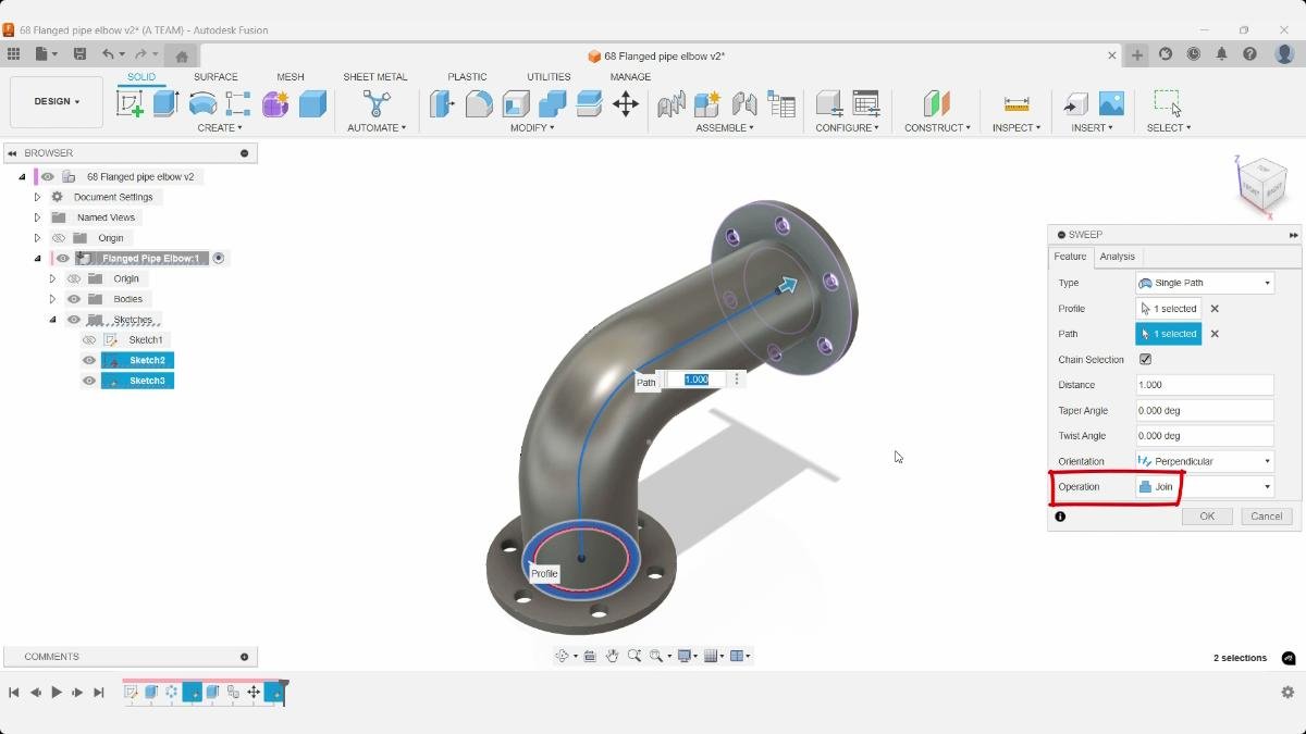 fusion sweep pipe elbow profile along 3d path
