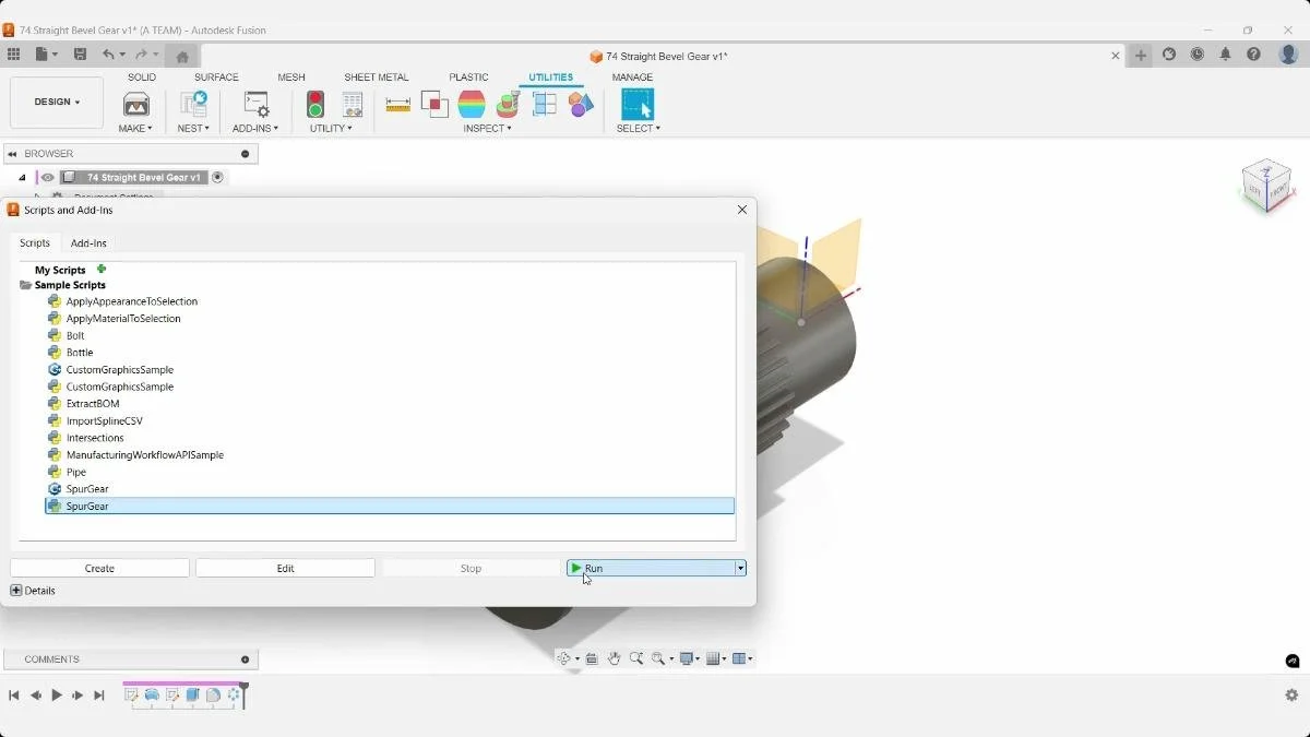 Spur Gear script selected in Fusion Scripts and Add-Ins dialog