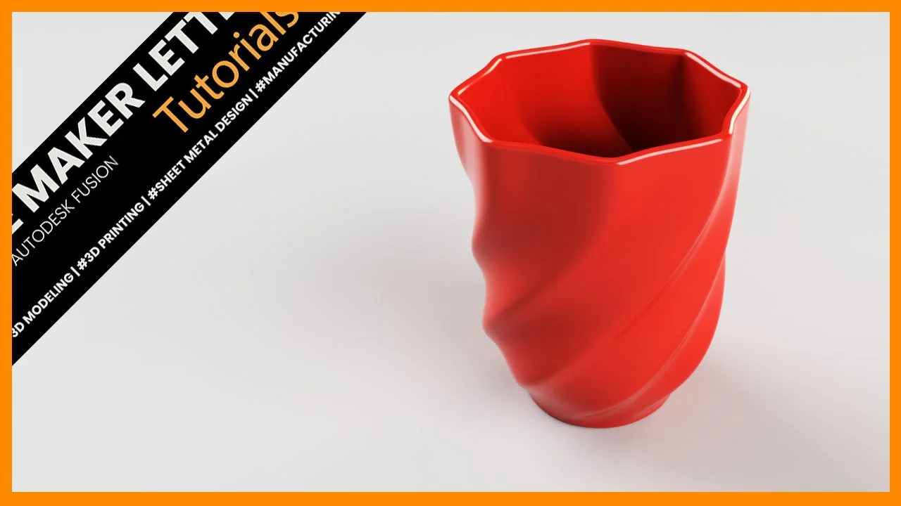 Twisted red vase modeled in Autodesk Fusion using Form, surface, and solid modeling techniques for 3D printing.