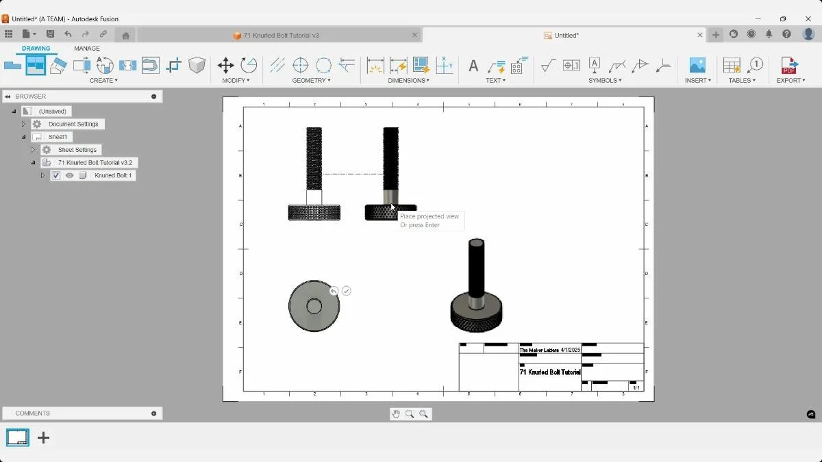 Fusion projected drawing views for knurled bolt