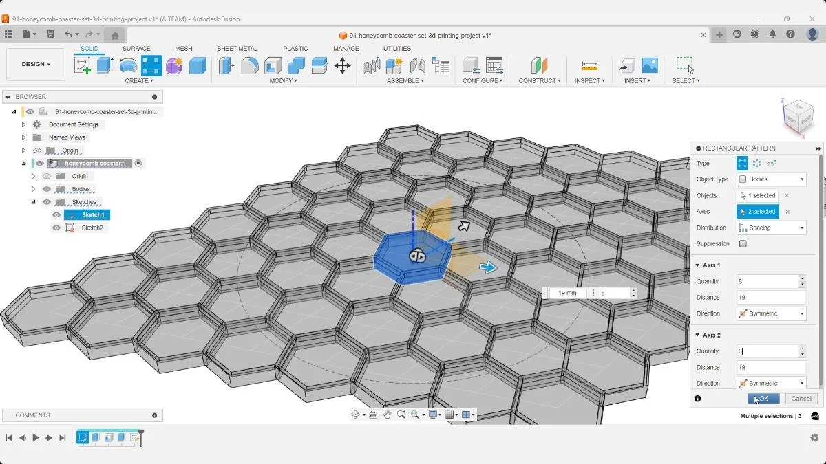 Creating a rectangular pattern of hexagons with 19 mm spacing to form a honeycomb structure in Fusion.