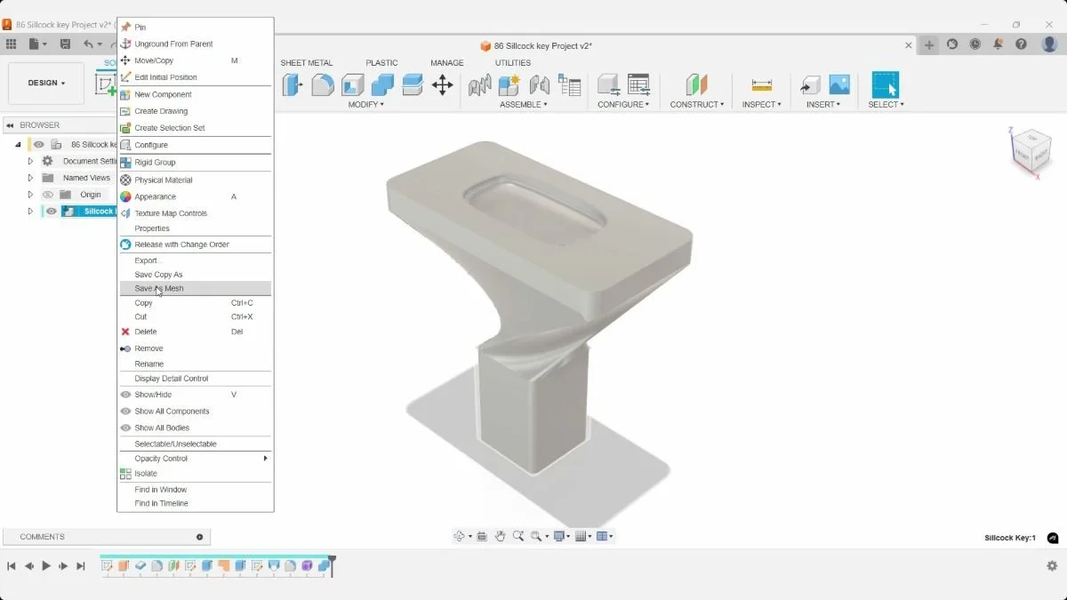 Fusion sillcock key component context menu with Save as Mesh highlighted.