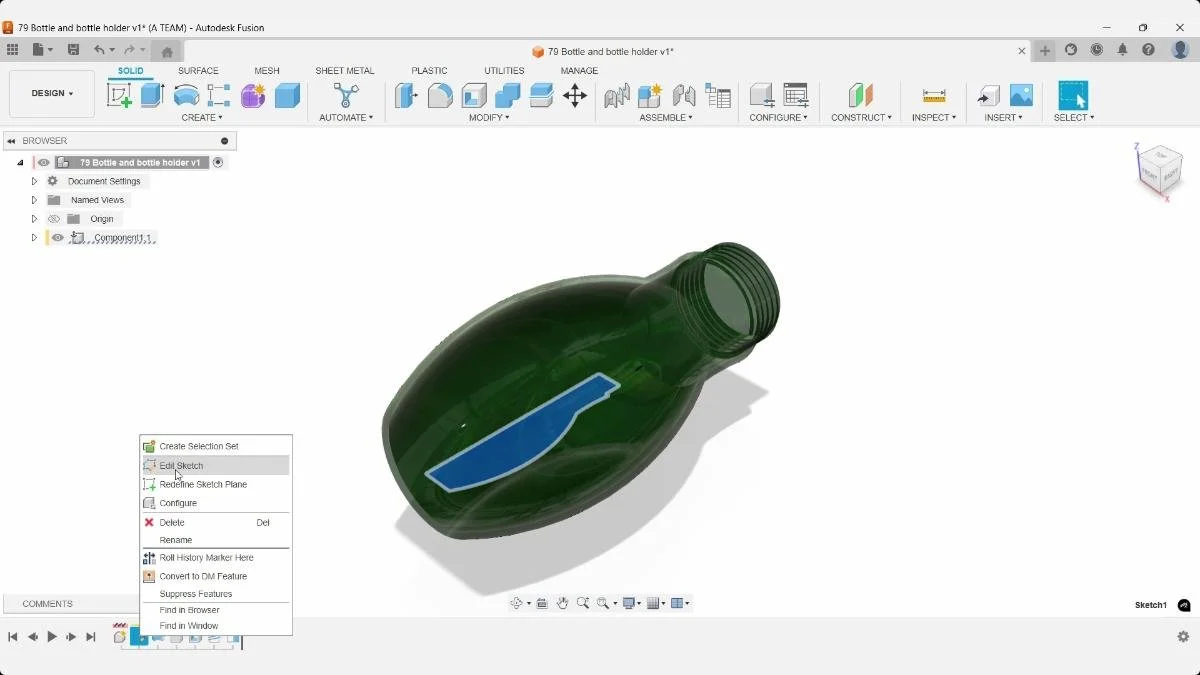 Fusion bottle model with a sketch selected in the timeline and Edit Sketch available.