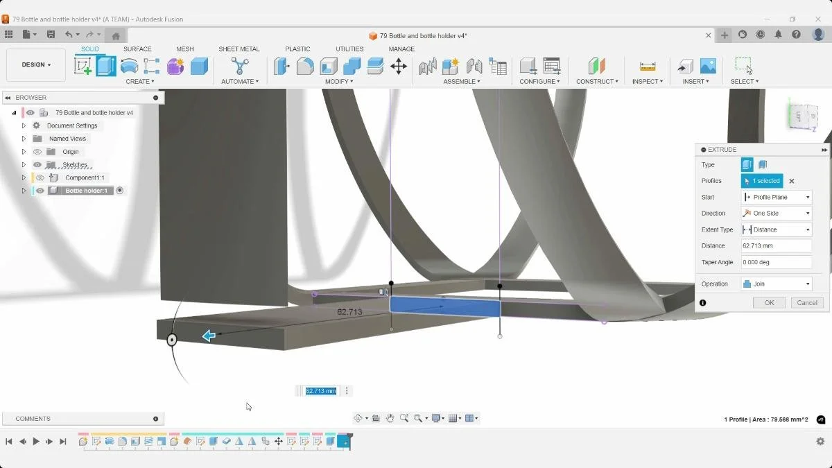 Fusion Extrude command extending the bottle holder base profile 62.713 mm with Join.