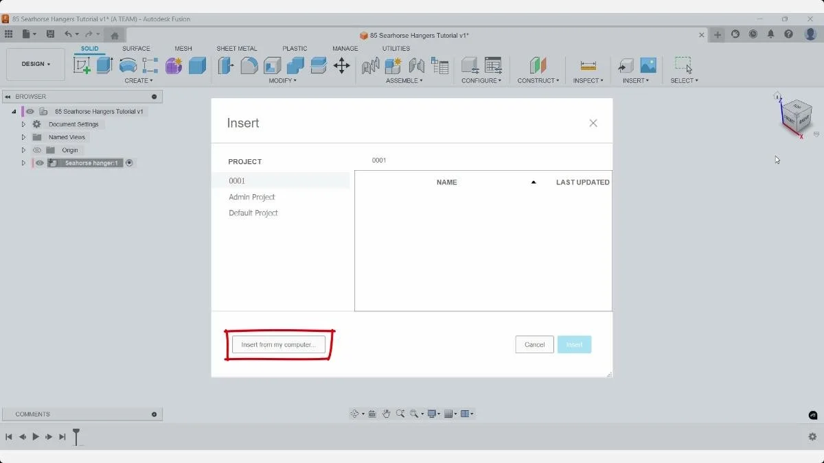 Fusion Insert dialog with “Insert from my computer” highlighted.
