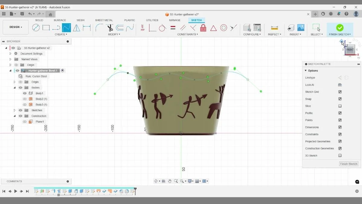 Sketching a curved top profile using a spline in Autodesk Fusion