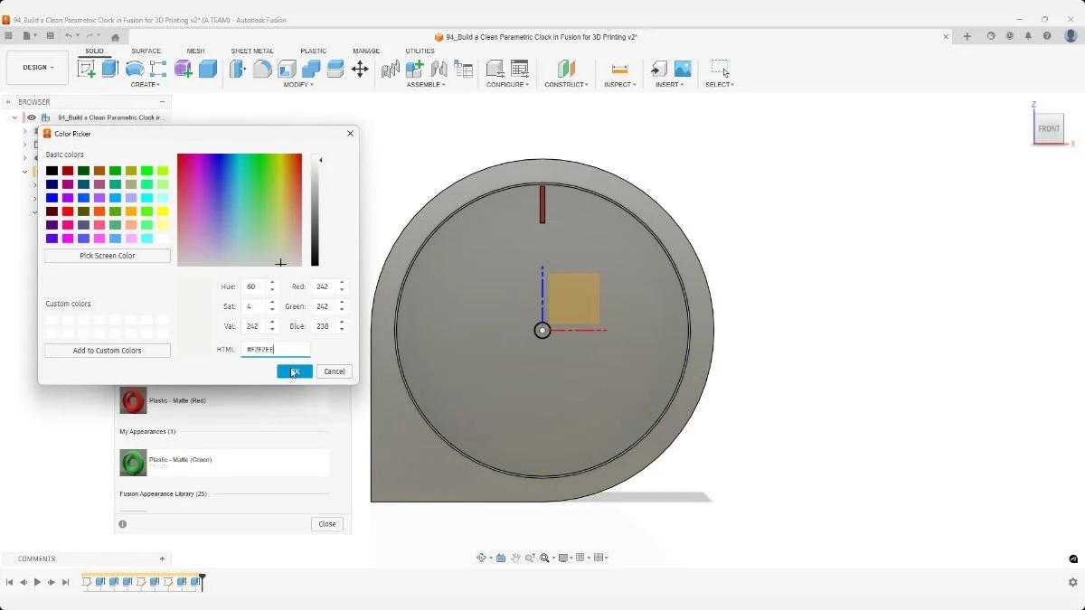 Applying custom color appearances in Fusion using hex codes for a 3D-printed clock.
