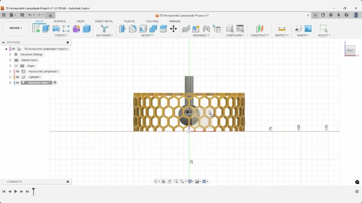 Fusion front view selecting the vertical construction plane for the honeycomb lampshade cable sketch.
