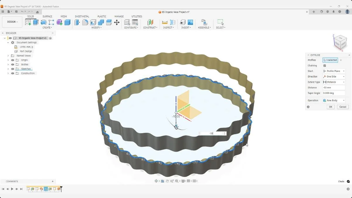 Fusion extruding projected wave profiles to create surface sections for organic pen holder