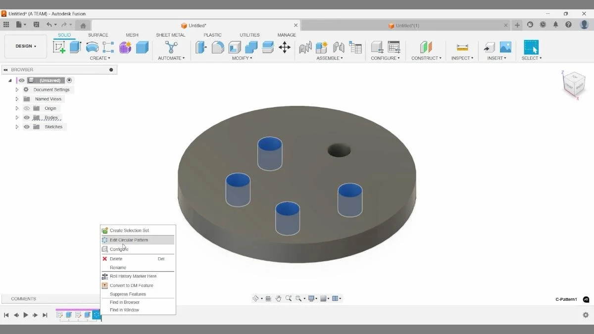 Autodesk Fusion circular pattern edited from timeline using parametric modeling for efficient workflow