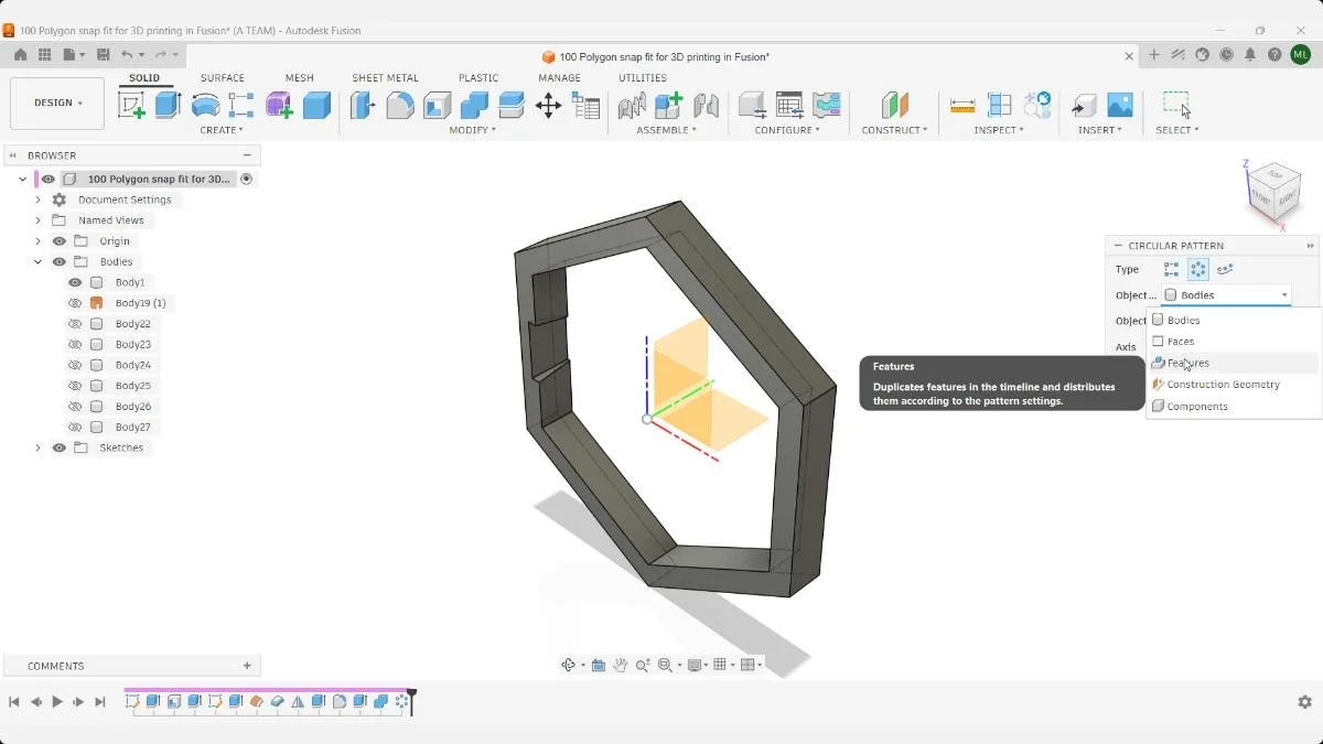 Fusion Circular Pattern dialog set to Features for the snap fit cutouts.