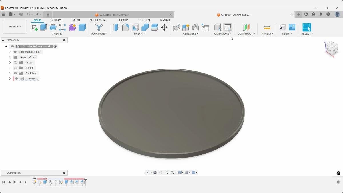 Circular 100 mm Viking coaster master base with a raised outer rim in Fusion.