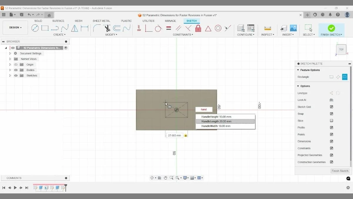 sketch handle dimensions driven by handlelength handlewidth handleheight