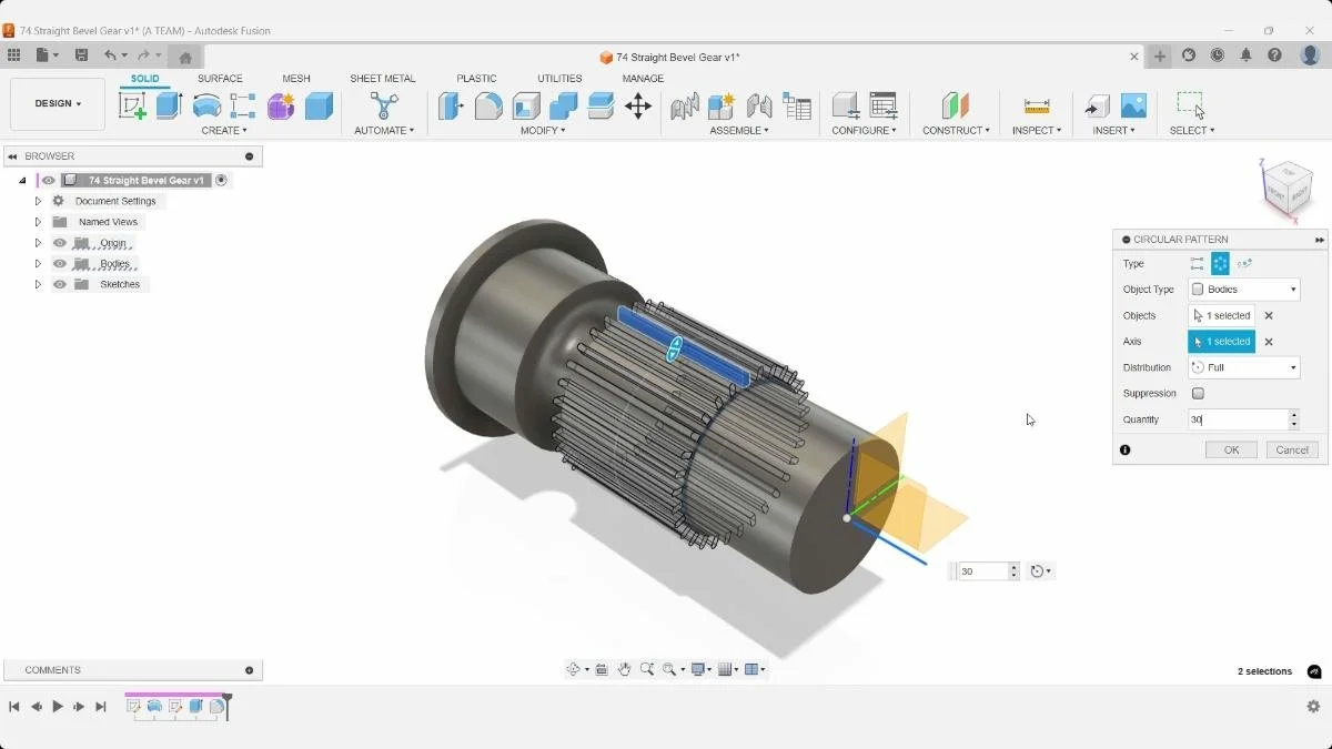 Circular pattern creating 30 bevel gear teeth in Fusion