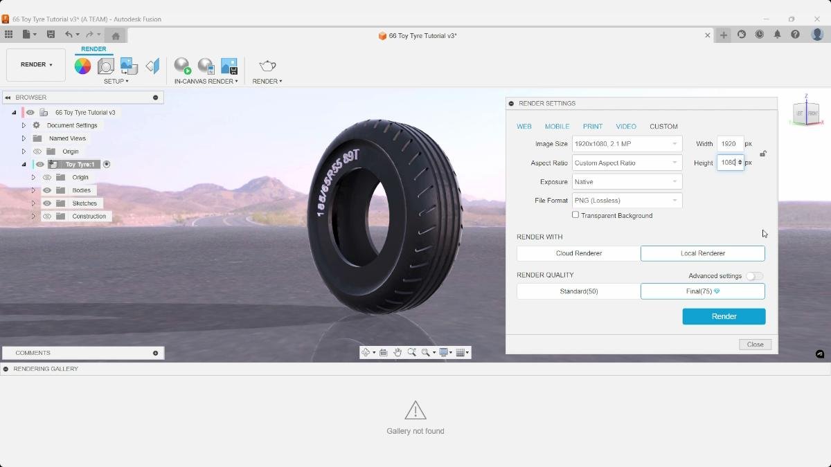 Fusion render settings panel for final image output