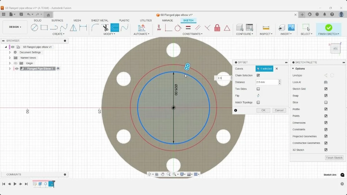 fusion offset sketch inner diameter flange wall thickness