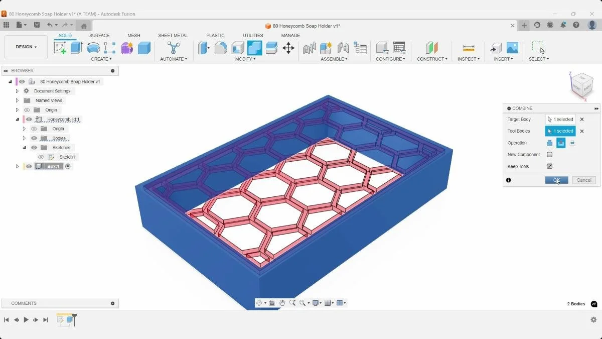 Fusion Combine Cut operation using the honeycomb lid to shape the soap holder box.