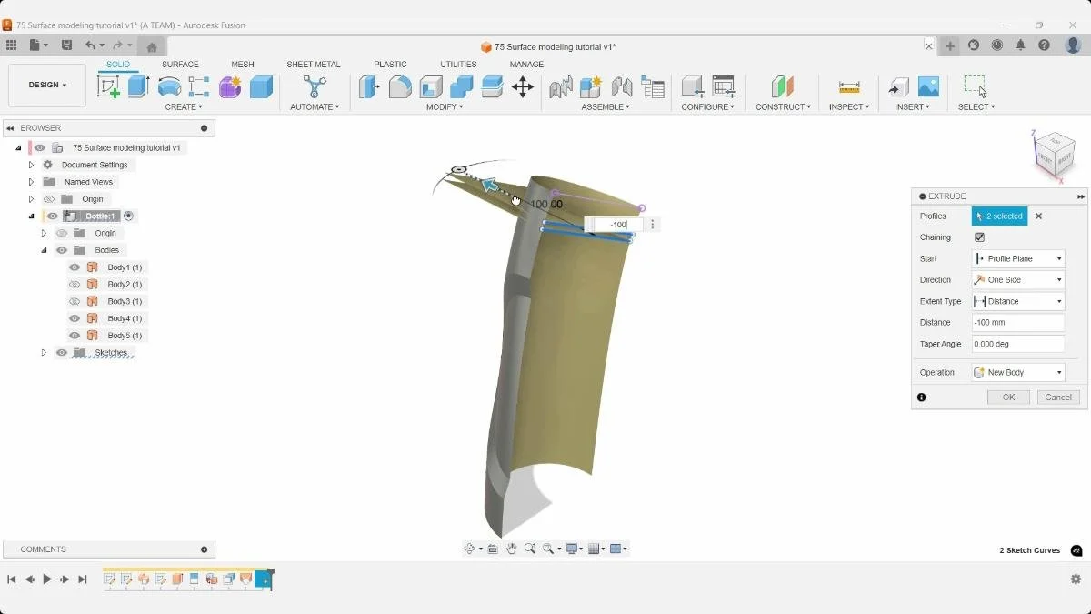 Extruding sketch profiles to create surface cutting tools in Autodesk Fusion.