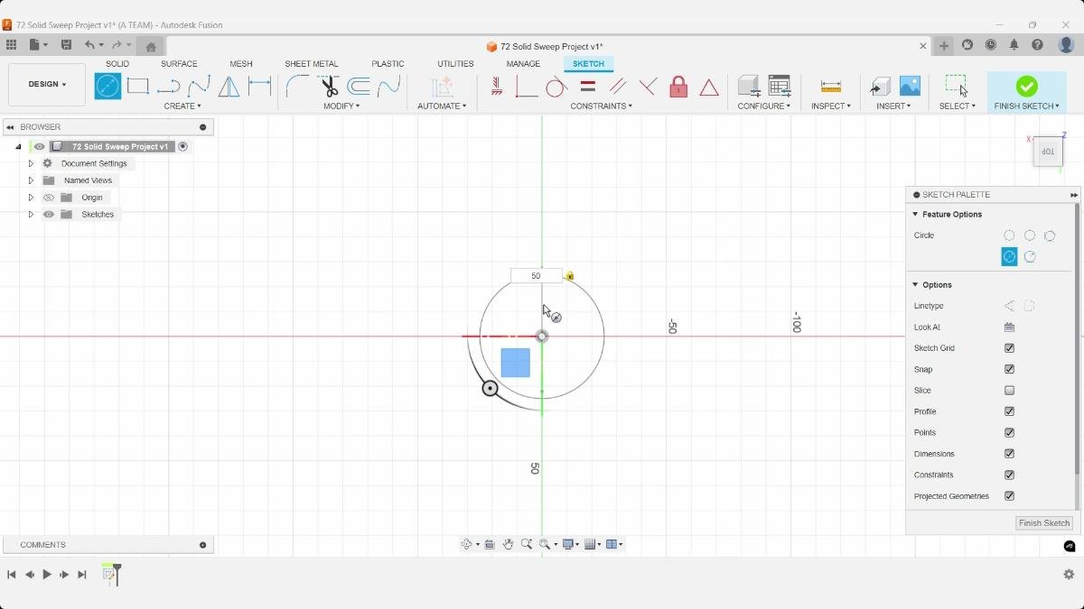 Fusion sketch with center diameter circle at origin for cylindrical model