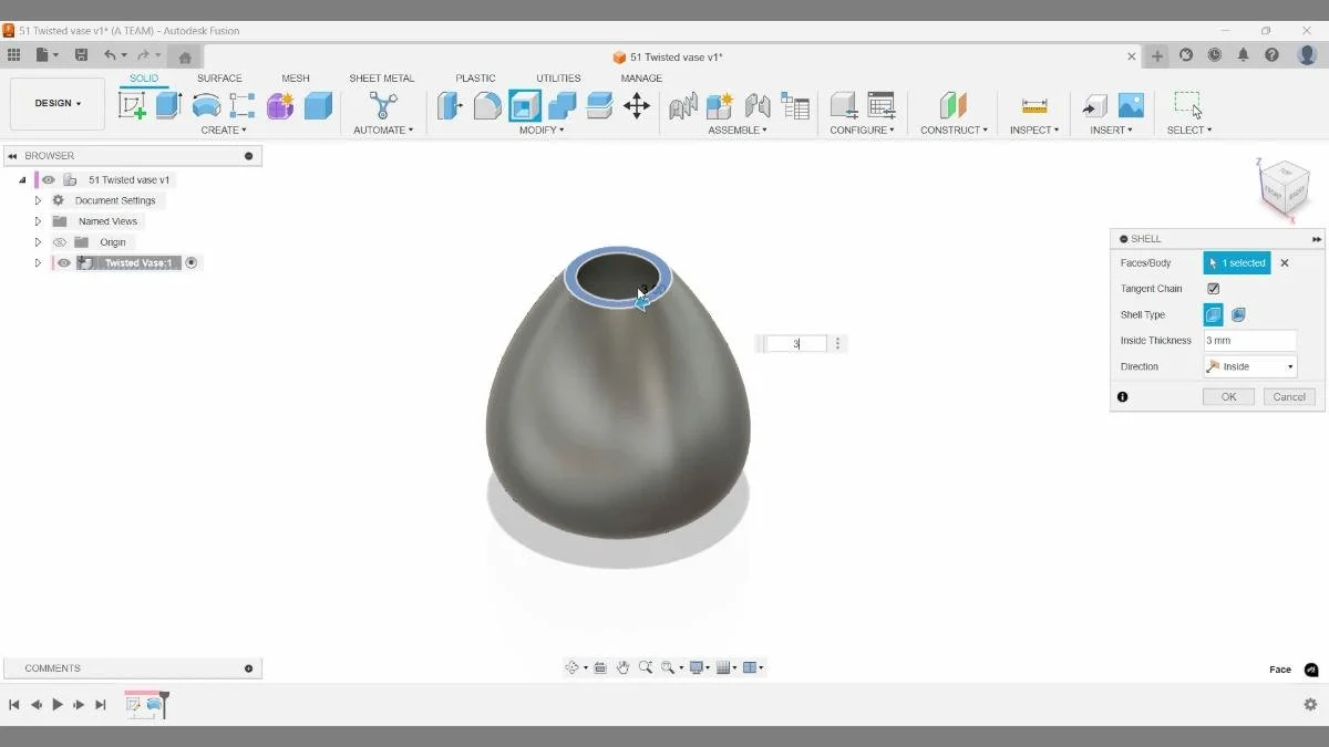 Fusion Shell tool applied with 3 mm internal thickness.