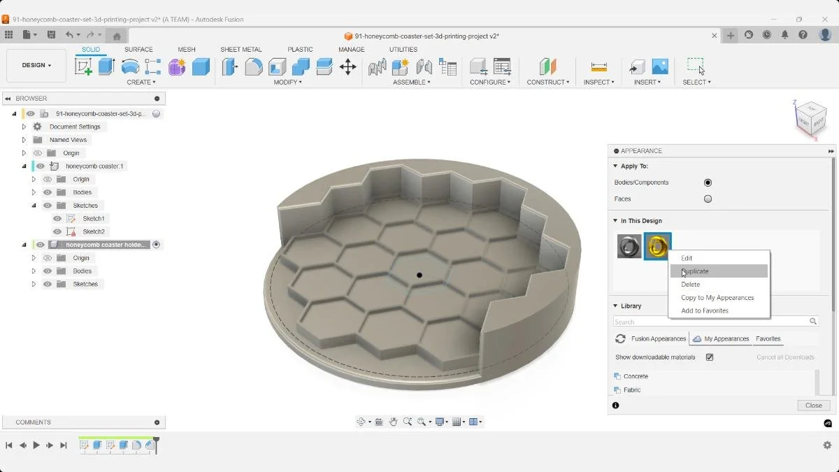 Duplicating the default material in Fusion to set up a custom color for the honeycomb coaster design.