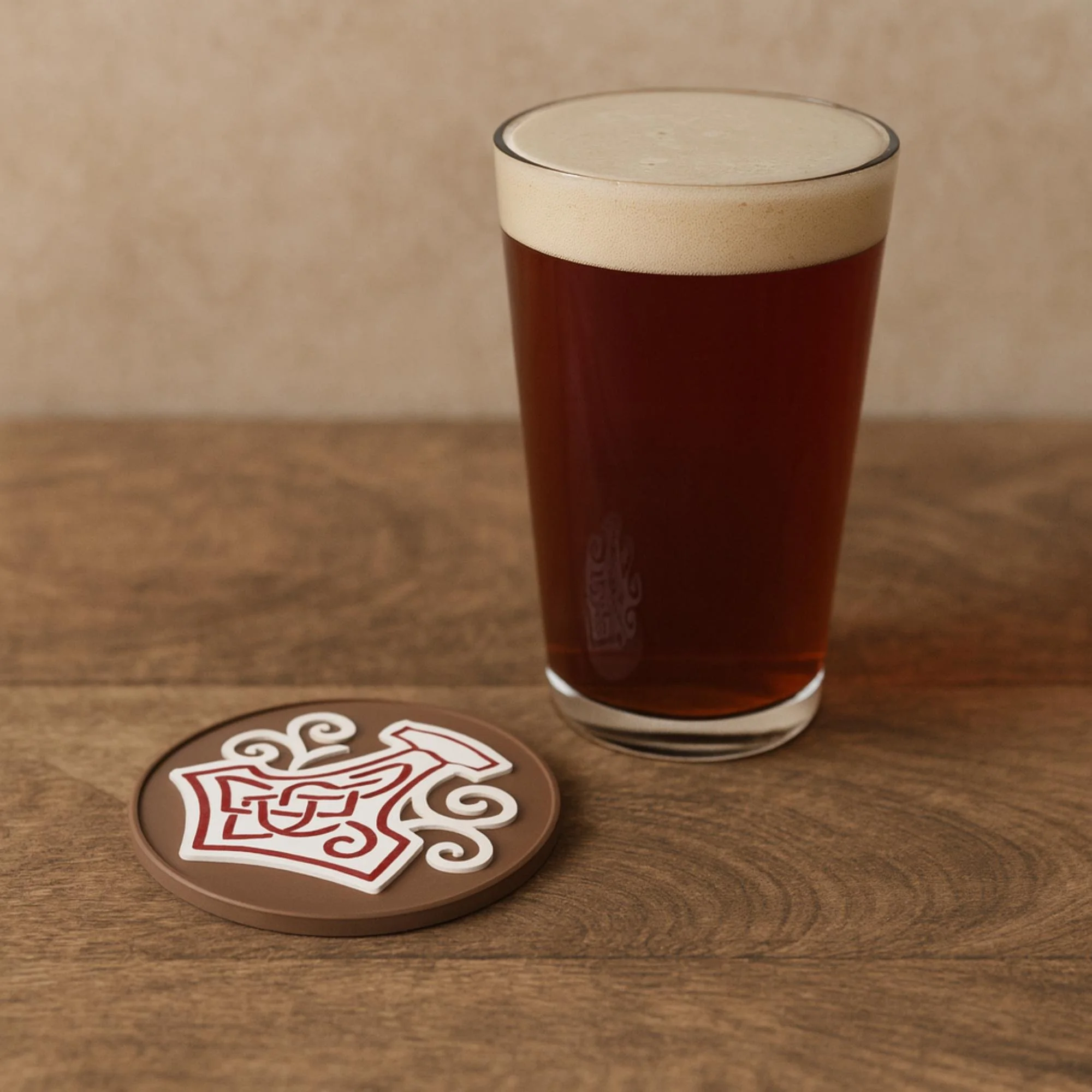 Mjölnir Viking hammer coaster with stylized Nordic patterns