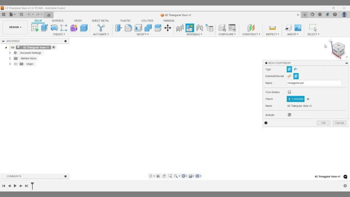 Fusion new component setup triangular vase tutorial