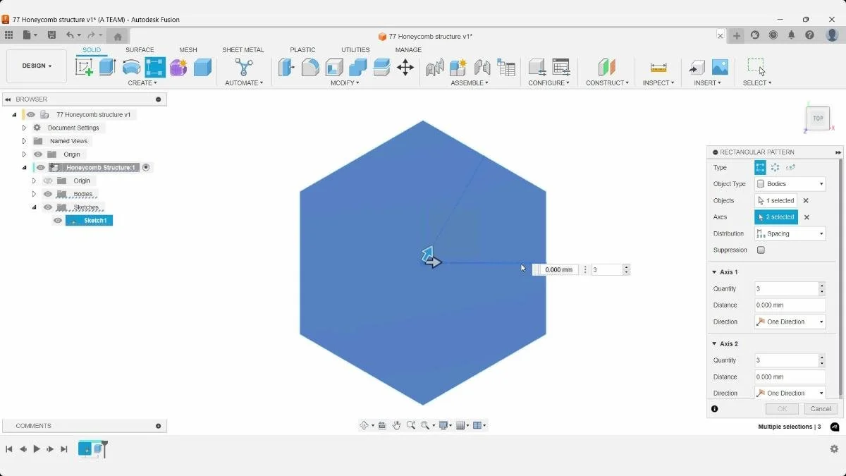Setting up a rectangular body pattern in Autodesk Fusion.