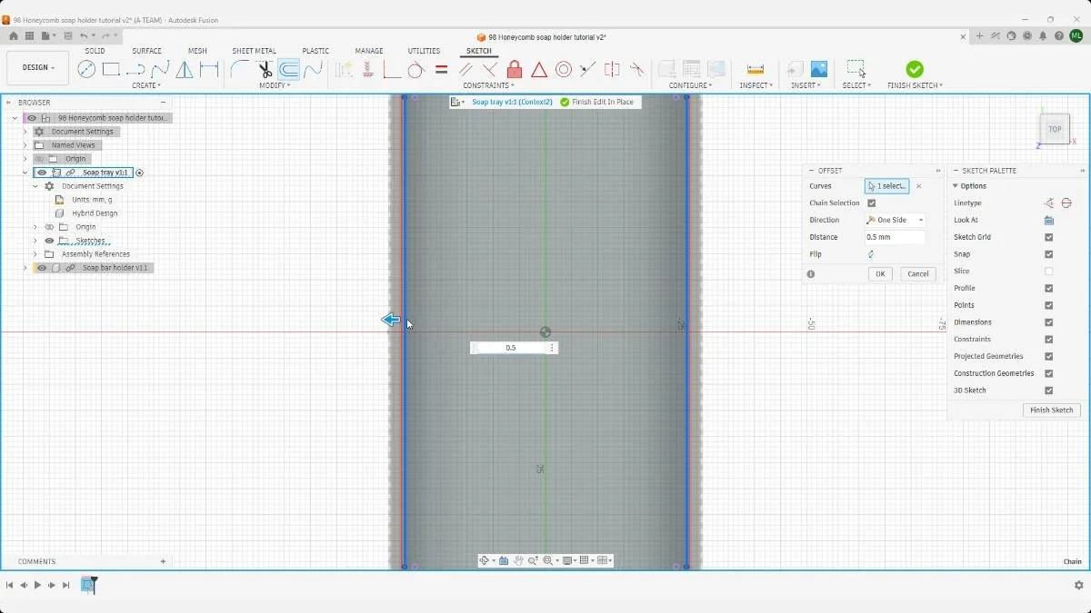 Fusion offset sketch creating tray clearance gap