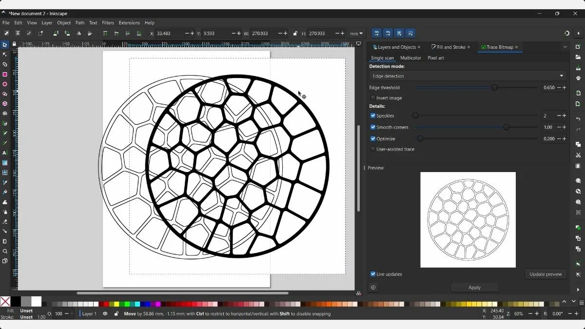 Inkscape Edge Detection tracing the Voronoi coaster pattern with a 0.650 threshold.