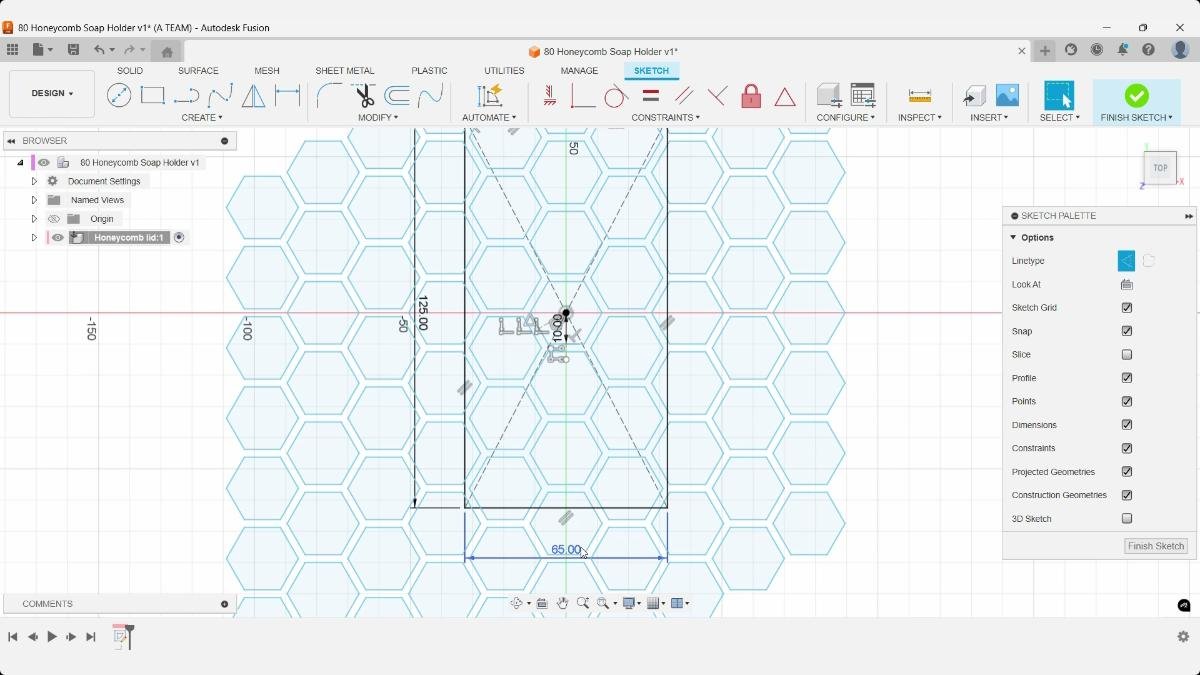 Fusion sketch with a 65 mm wide boundary over the honeycomb pattern for the soap holder.