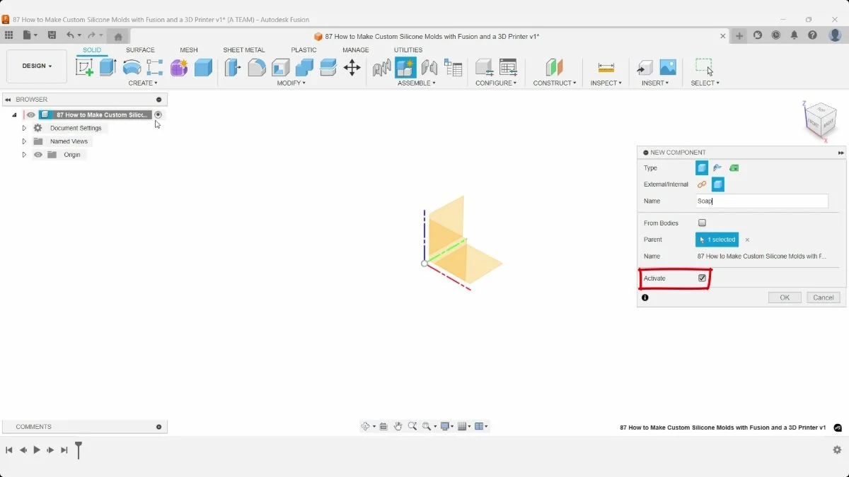 Fusion New Component dialog with the Soap name entered and Activate checked.