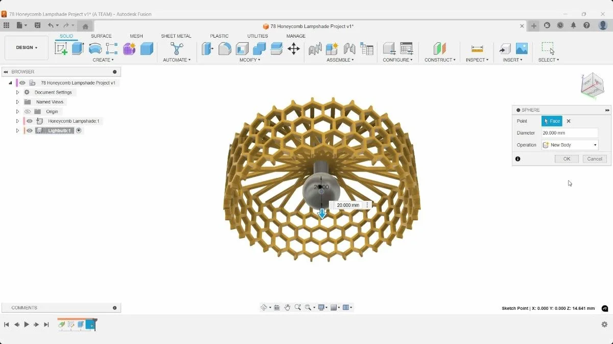 Fusion Sphere tool creating a 20 mm bulb body inside the honeycomb lampshade.