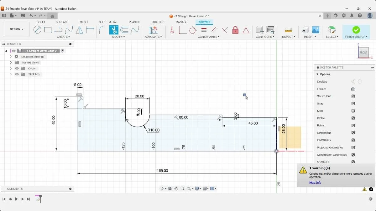 Fusion sketch constraint warning after geometry modification