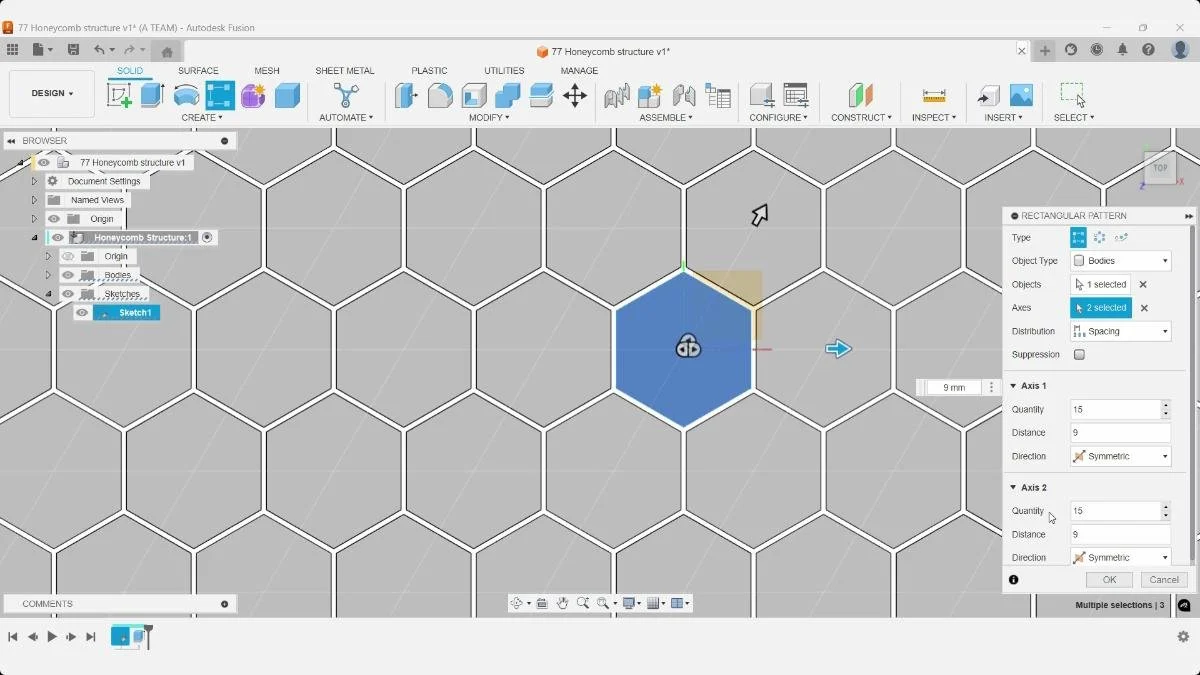 Creating a symmetric honeycomb body pattern in Autodesk Fusion.