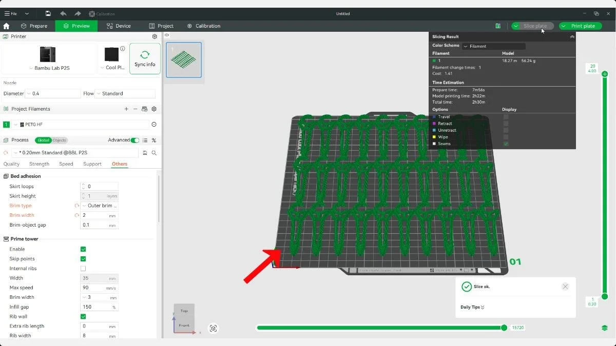 Sliced preview showing brim around multiple drip irrigation stakes.