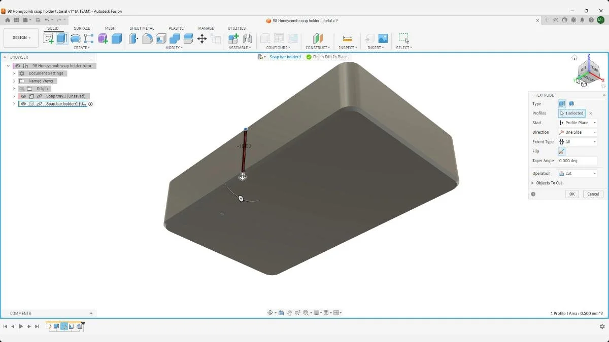Fusion extrude cut feature for soap holder pattern