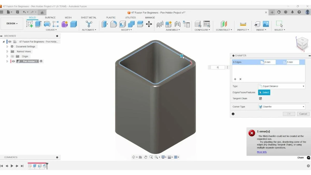 Applying chamfers to pen holder edges in Fusion to smooth corners.