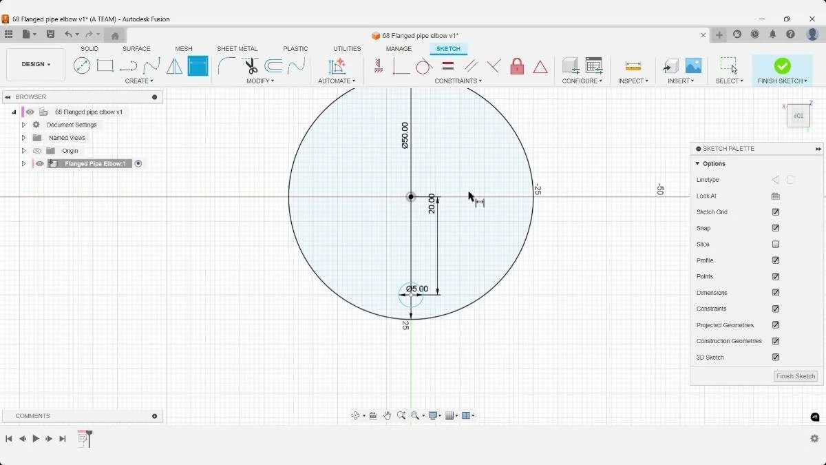 fusion flange sketch outer circle and center hole dimensions