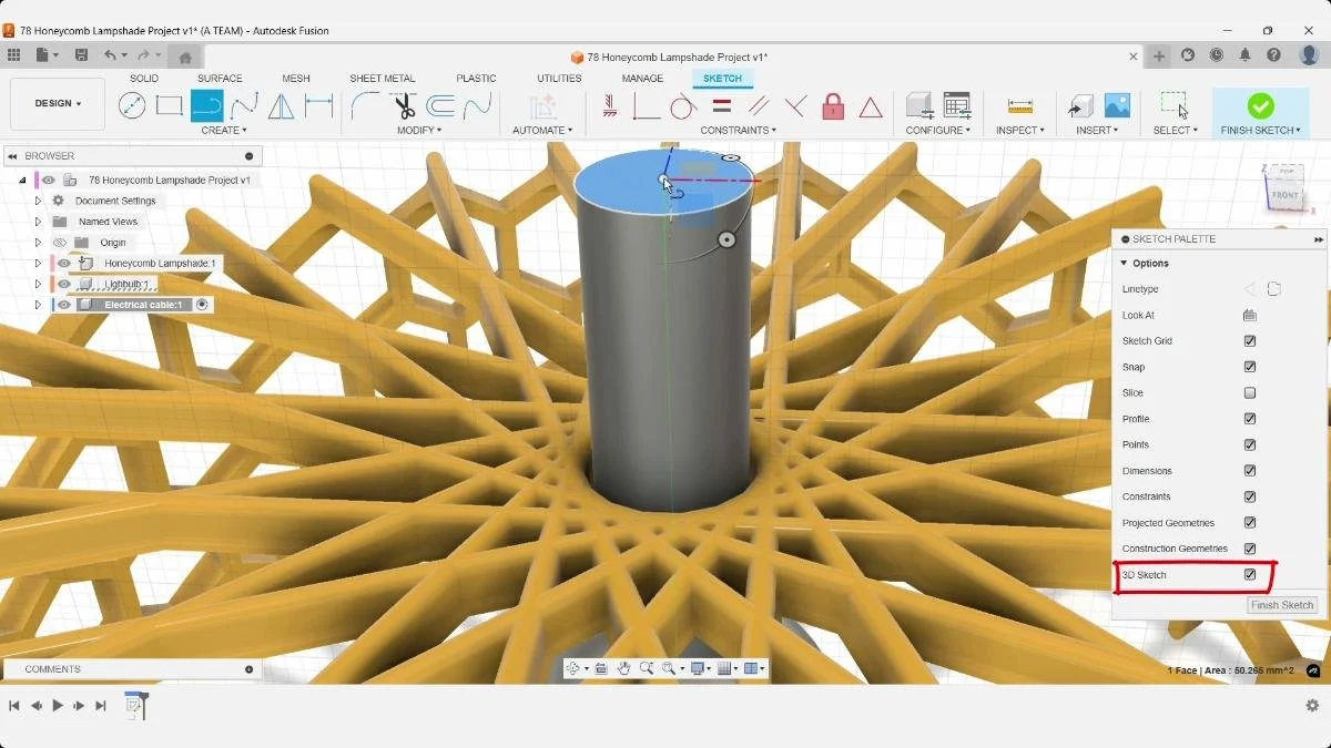 Fusion sketch for the honeycomb lampshade cable with 3D Sketch enabled in the Sketch Palette.
