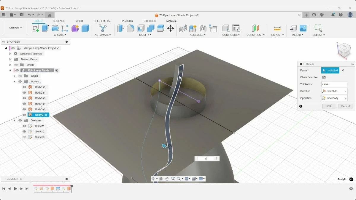 Fusion surface thicken command tutorial