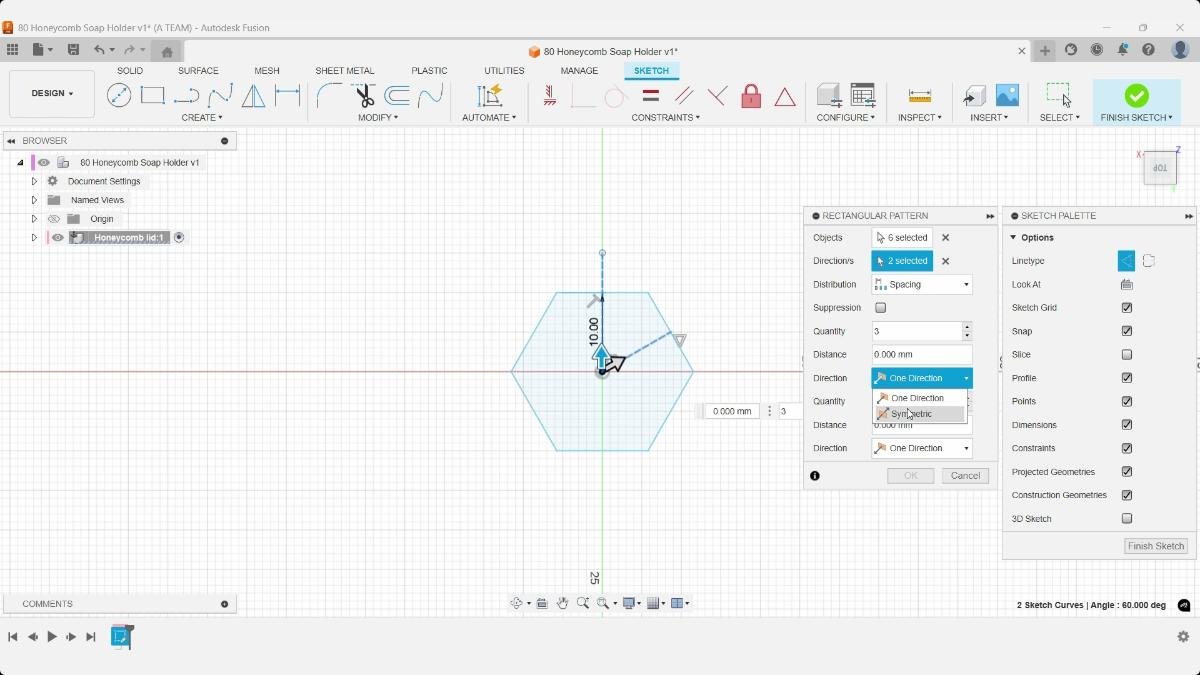 Fusion Rectangular Pattern dialog selecting Symmetric direction for the honeycomb soap holder.