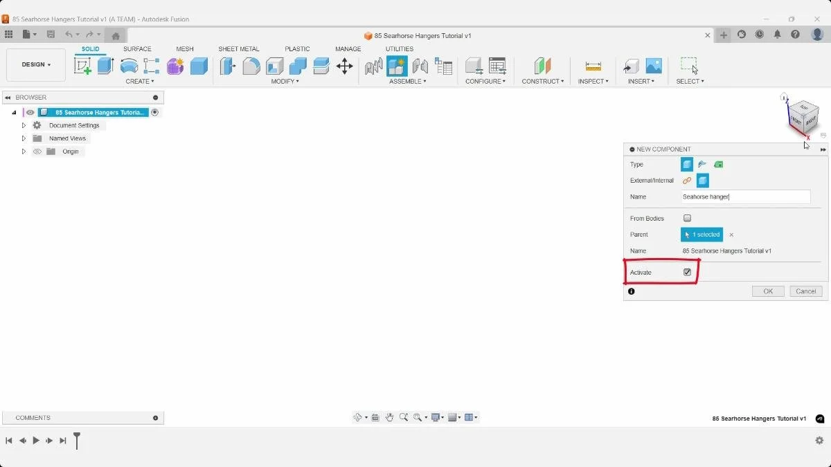 Fusion dialog for creating a new component in the seahorse hanger design.