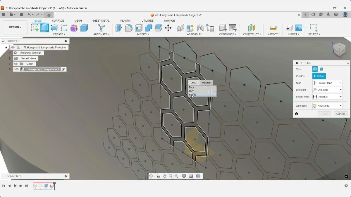 Fusion Extrude profile selection highlighting honeycomb cells on the curved lampshade body.