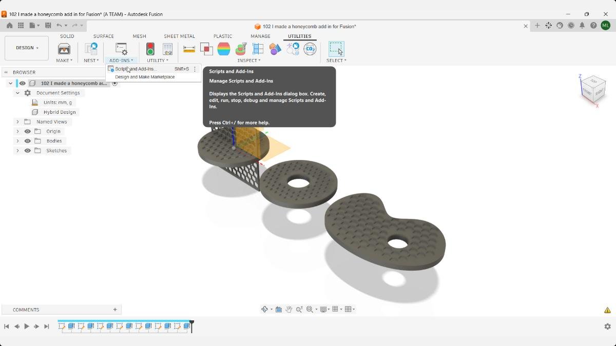 Fusion Utilities workspace with the Scripts and Add-Ins menu open above the honeycomb models.