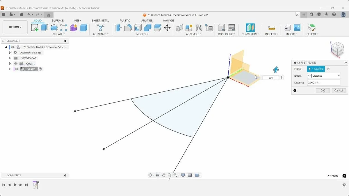 Creating a 200 mm offset construction plane in Autodesk Fusion.