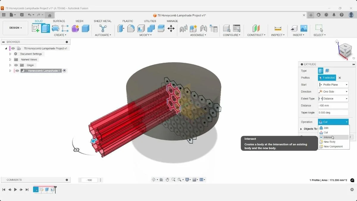 Fusion Extrude extending honeycomb geometry −100 mm with the Intersect operation selected.