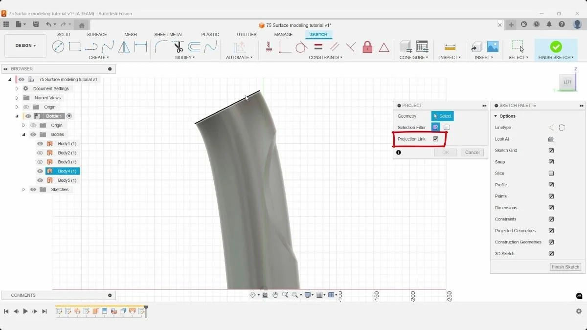 Project command creating linked sketch geometry in Autodesk Fusion.